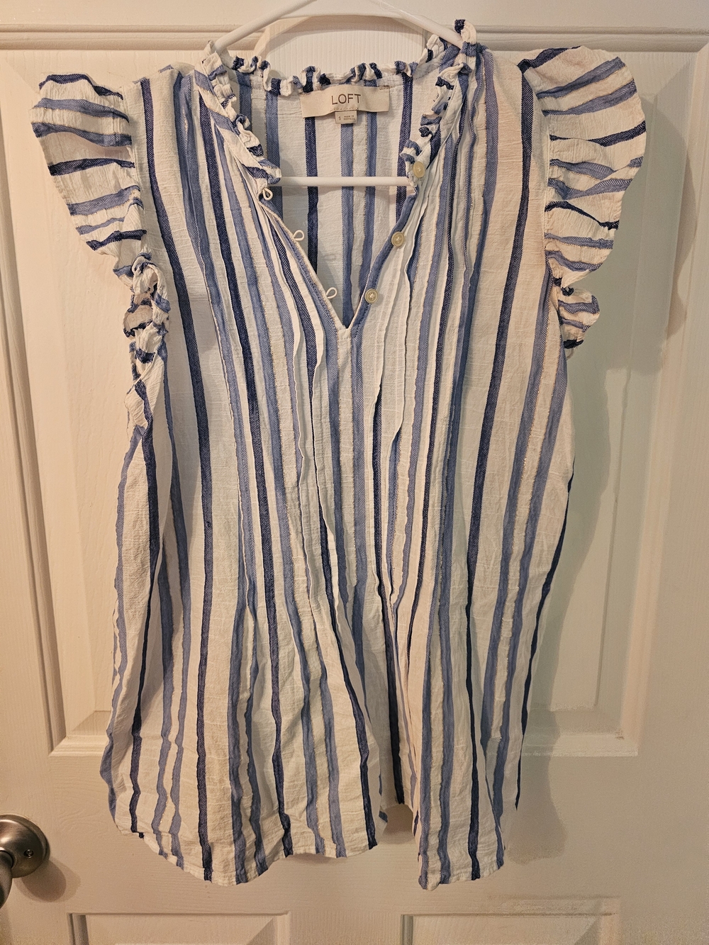 LOFT White and Blue Vertical Stripe Ruffle Sleeve Top